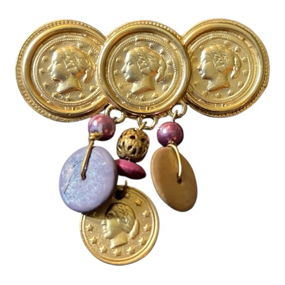 Gold Coin Brooch with Purple Accents - Picture 3 of 7